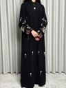 عباية قماش أسود داكن مع تطريز ملون من الأزهار