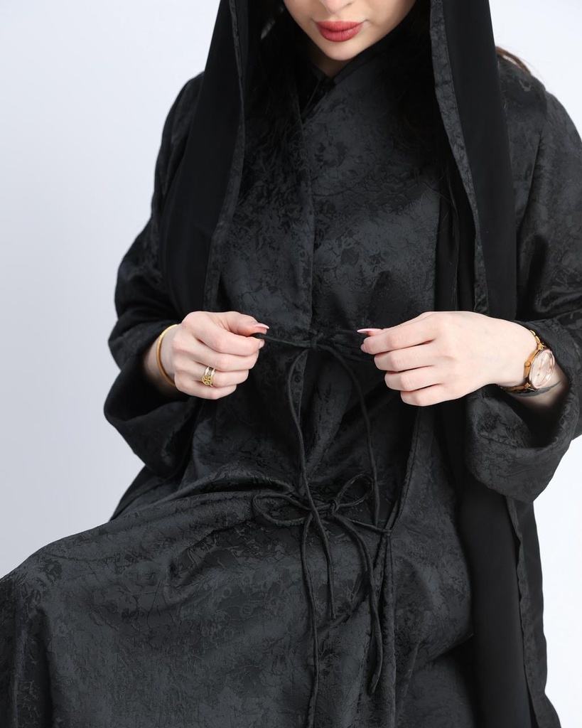 عباية جاكار اسود لف مع ربطات جانبية