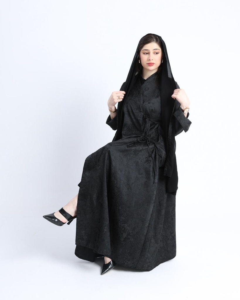 عباية جاكار اسود لف مع ربطات جانبية