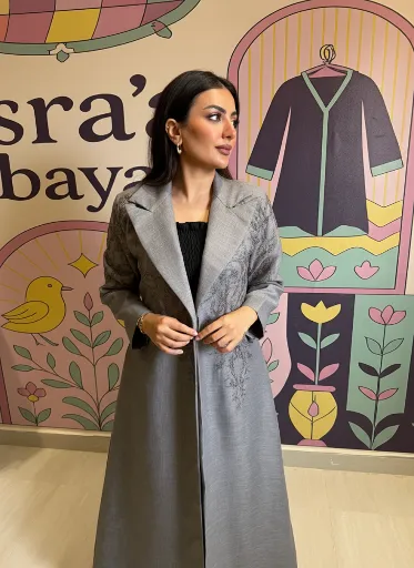 Grey Linen Blazer Abaya with Embroidery (52)
