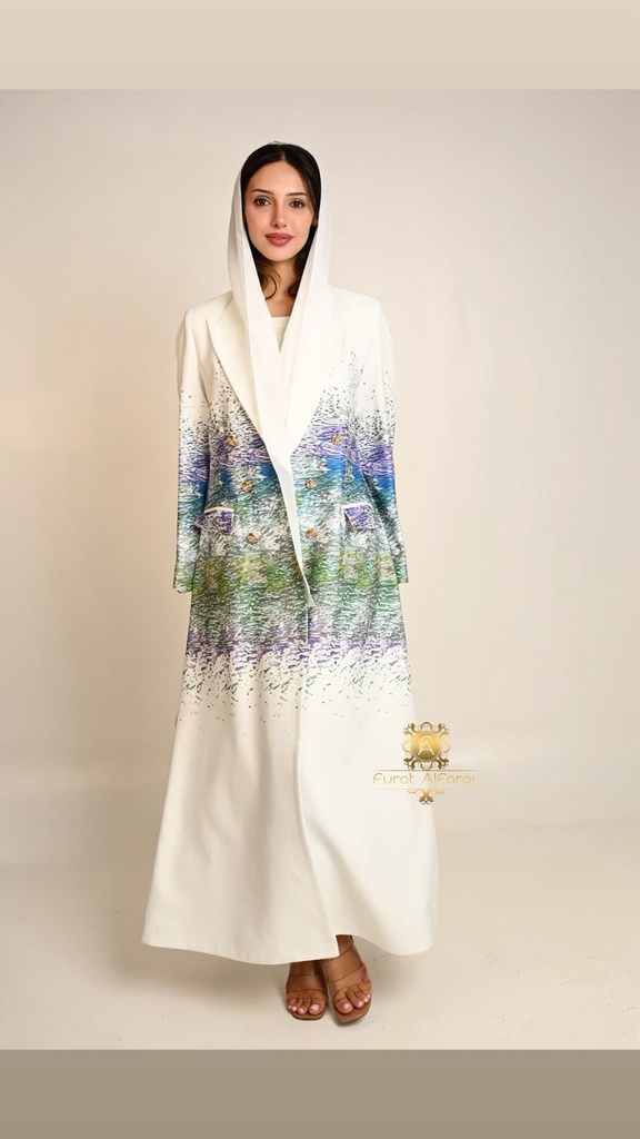 عباية كريب فاخرة قصة بليزر بطباعة بدرجات لونية فنية