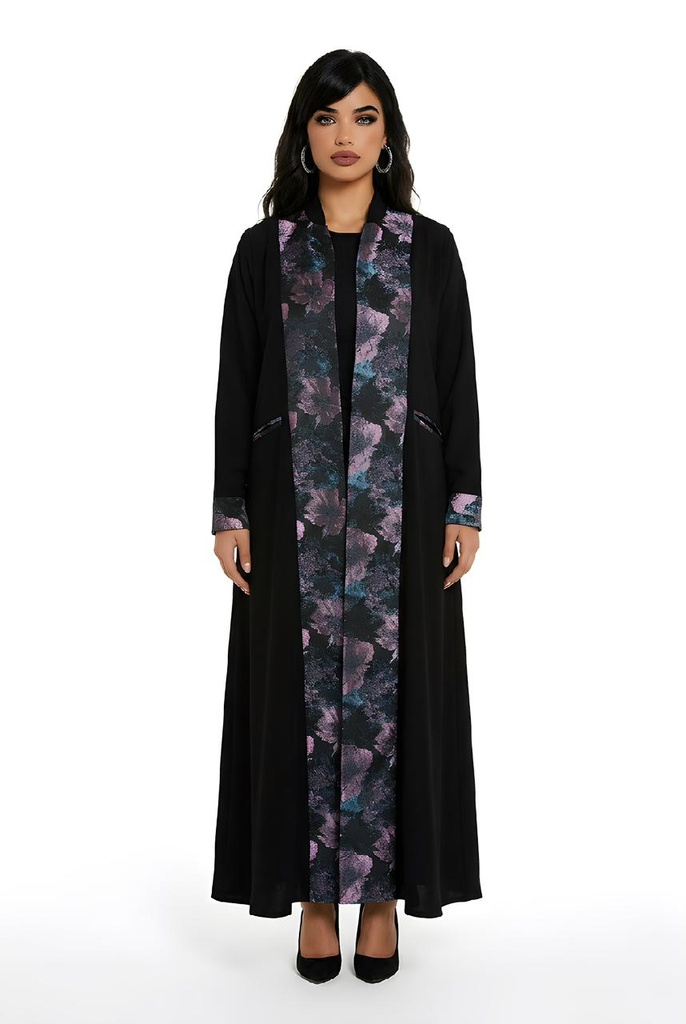 عباية كريب أسود مع تدخيلة جاكار بنفسجي بقصة A