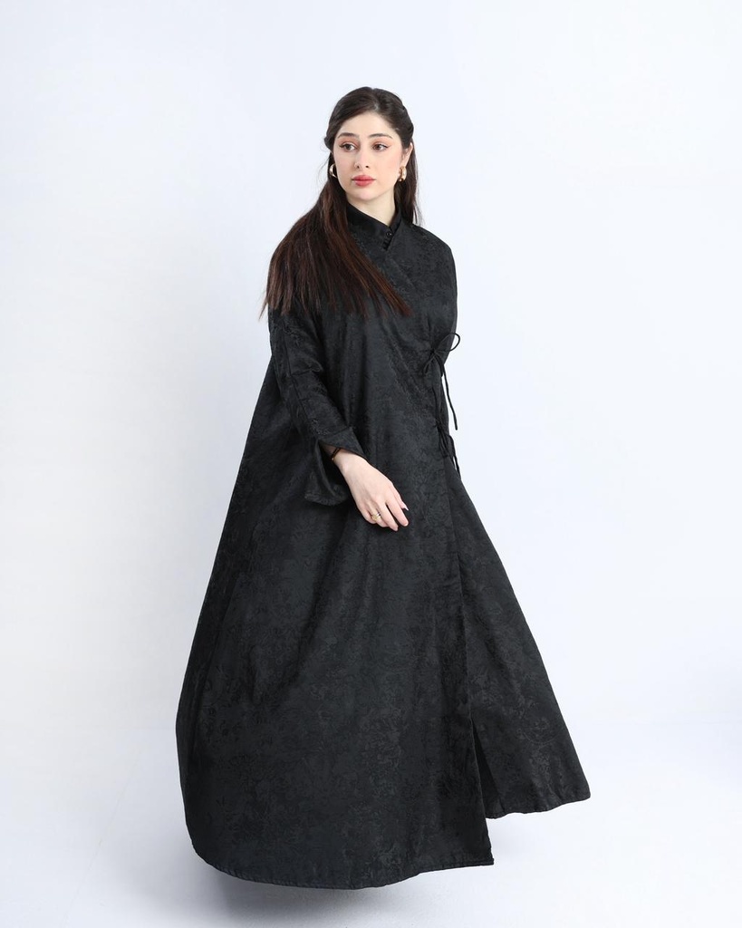 عباية جاكار اسود لف مع ربطات جانبية