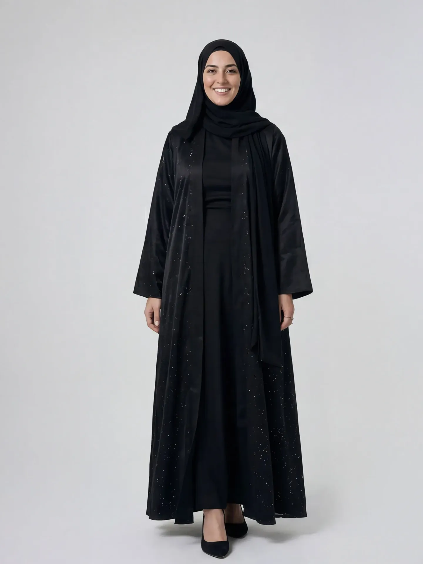 عباية شيفون سوداء مبطنة بقصة إماراتية واسعة – فري سايز موديل R02