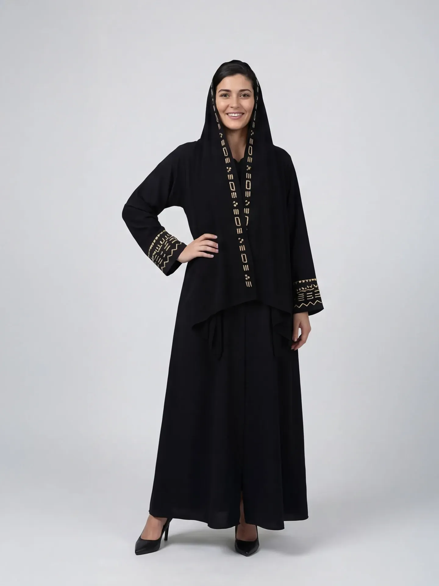 Black Nida crepe abaya with gold embroidery