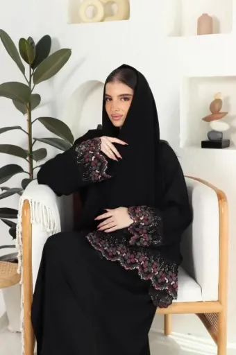 عباية سوداء نسائية من قماش الكريب (50, S, سهرة)