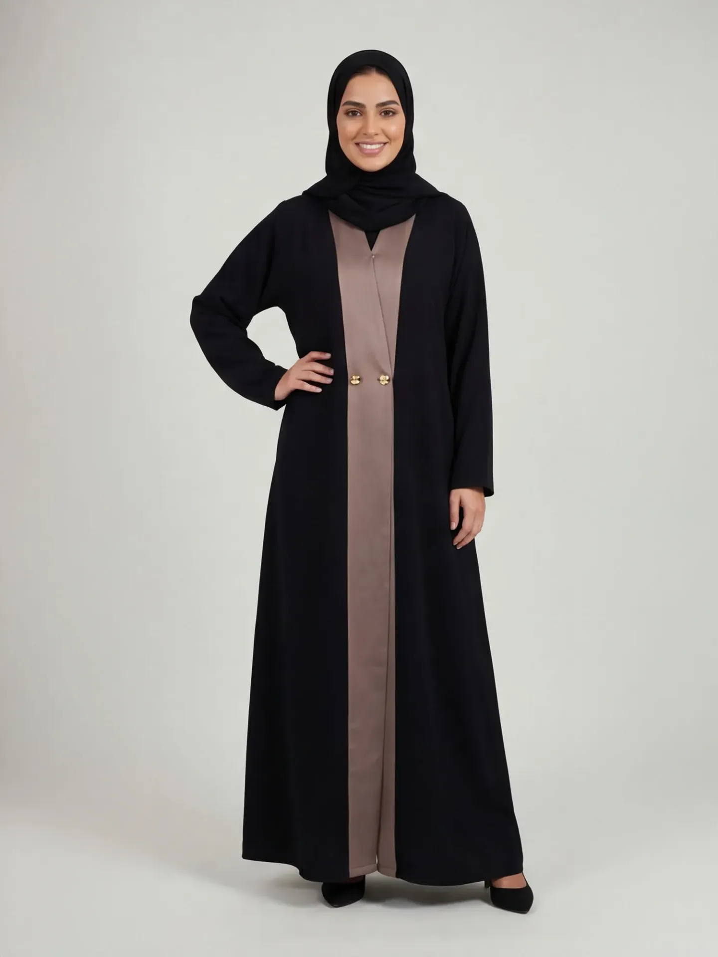 ✨ GHN-270 | عباية غِنى كريب أسود رسمي  وأزرار ذهبية + طرحة