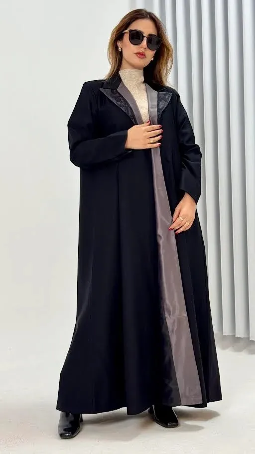 SHM-375 | عباية بليزر أسود مع شيفون رمادي ودانتيل (50)